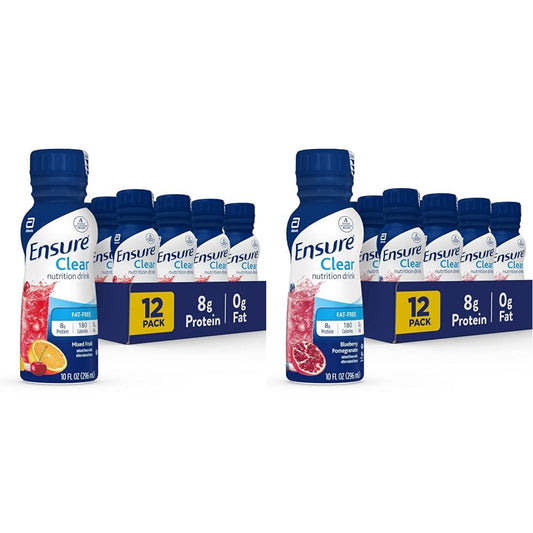 Ensure Clear Nutrition Drink, 0g Fat, 8g Protein, Mixed Fruit & Blueberry Pomegranate Flavors, 10 Fl Oz, Pack of 12