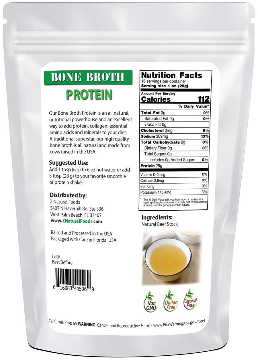Z Natural Foods Bone Broth Powder (Bovine), Full of Protein, Collagen, and Amino Acids, Superfood Beef Supplement for Drinks, Smoothies, Shakes & Recipes, All Natural, Non GMO & Gluten Free, 1 lb