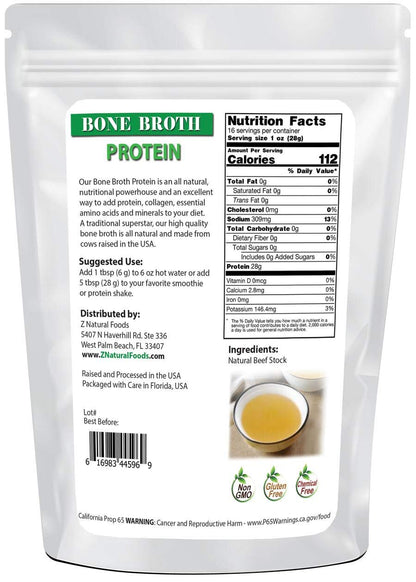 Z Natural Foods Bone Broth Powder (Bovine), Full of Protein, Collagen, and Amino Acids, Superfood Beef Supplement for Drinks, Smoothies, Shakes & Recipes, All Natural, Non GMO & Gluten Free, 1 lb