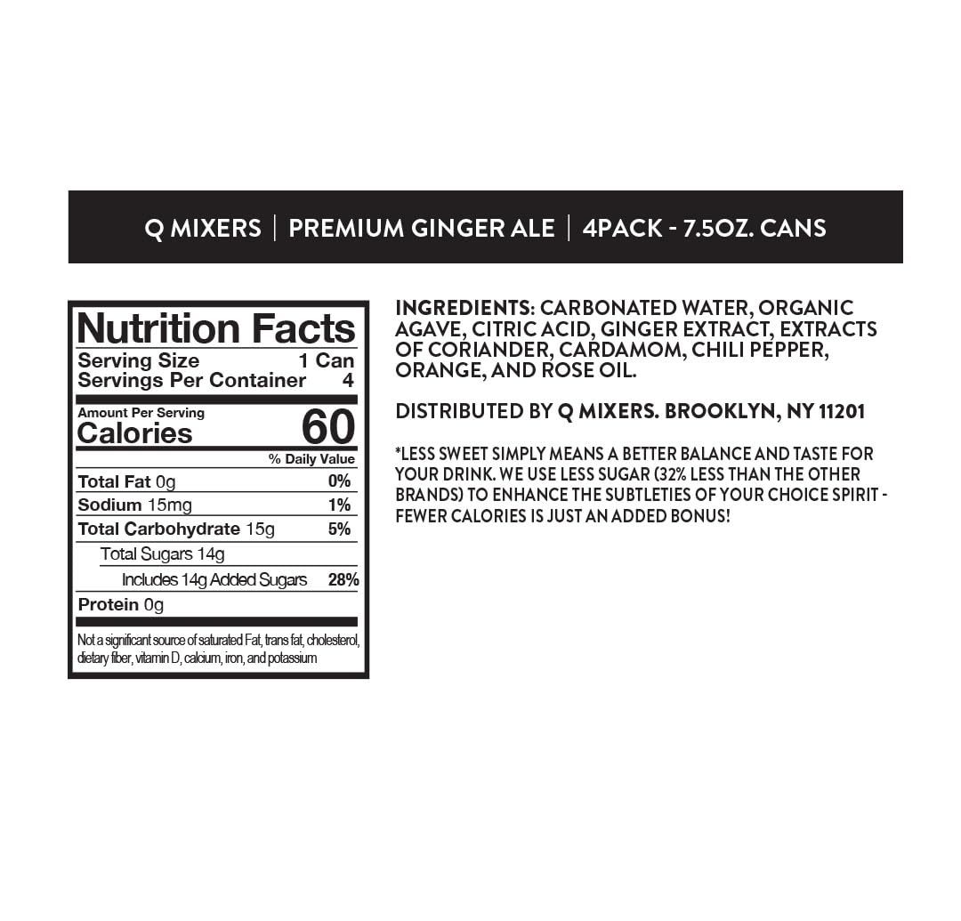 Q GINGER ALE with Real Ginger & Organic Agave - Ideal for Cocktails & Mocktails - Made with Real Ingredients, Perfectly Carbonated, & Less Sweet - 60 Calories per Can - 7.5 Fl oz Cans (Pack of 24)