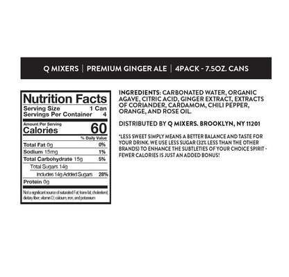 Q GINGER ALE with Real Ginger & Organic Agave - Ideal for Cocktails & Mocktails - Made with Real Ingredients, Perfectly Carbonated, & Less Sweet - 60 Calories per Can - 7.5 Fl oz Cans (Pack of 24)