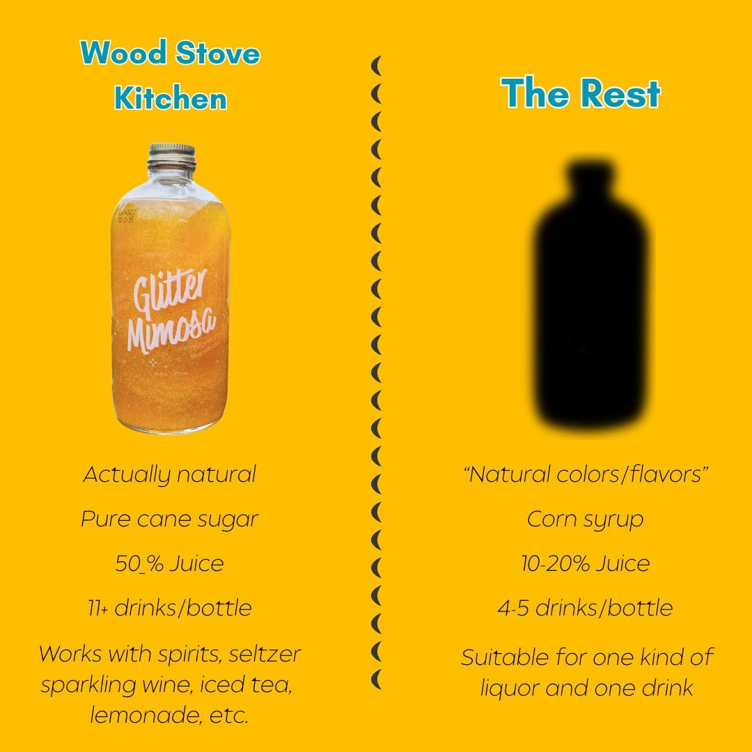 Wood Stove Kitchen Glitter Mimosa Mixer - Tangerine & Mango Flavor Enhanced with Sparkling Edible Glitter, Versatile Concentrate for Cocktails & Non-Alcoholic Beverages, 16 fl oz Multi-Serve Bottle