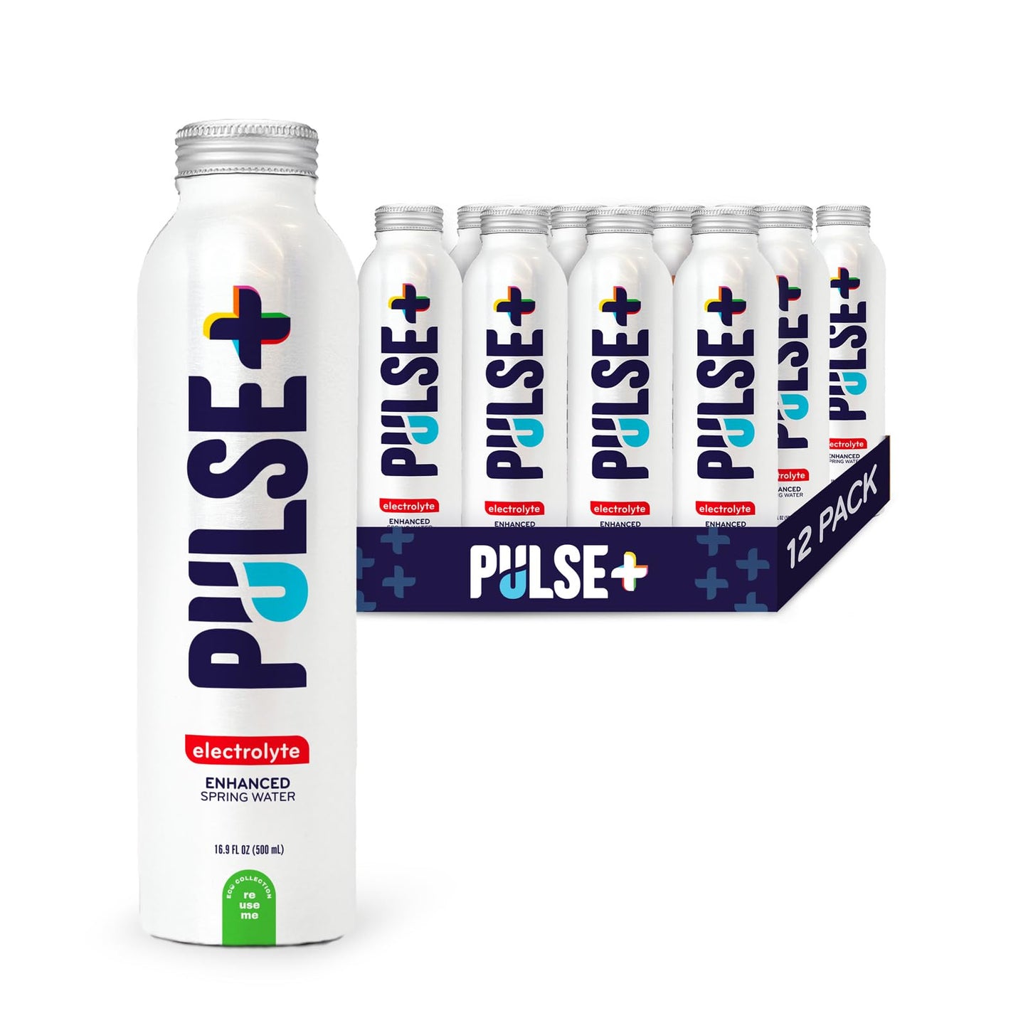 Pulse+ Electrolyte Water - Naturally Filtered Spring Water in 16.9-Ounce Aluminum Bottles, Recyclable and BPA-Free - Case of 12