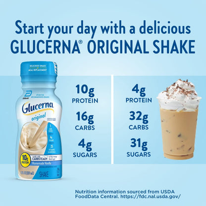 Glucerna Original Diabetes Care Shake, Homemade Vanilla, Diabetic Meal Replacement to Support Blood Sugar Management, 10g Protein, 180 Calories, Ready to Drink, 8-fl-oz Bottle,(Pack of 48)