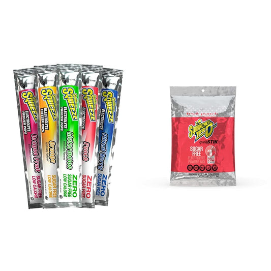 Sqwincher Sqweeze Electrolyte Freezer Pops, Zero Sugar, Assorted Flavors, 5 bags of 10, (50 Total Freezer Pops) and Sqwincher Zero Qwik Stik Sugar Free, Fruit Punch, .11 0z (Pack of 50)