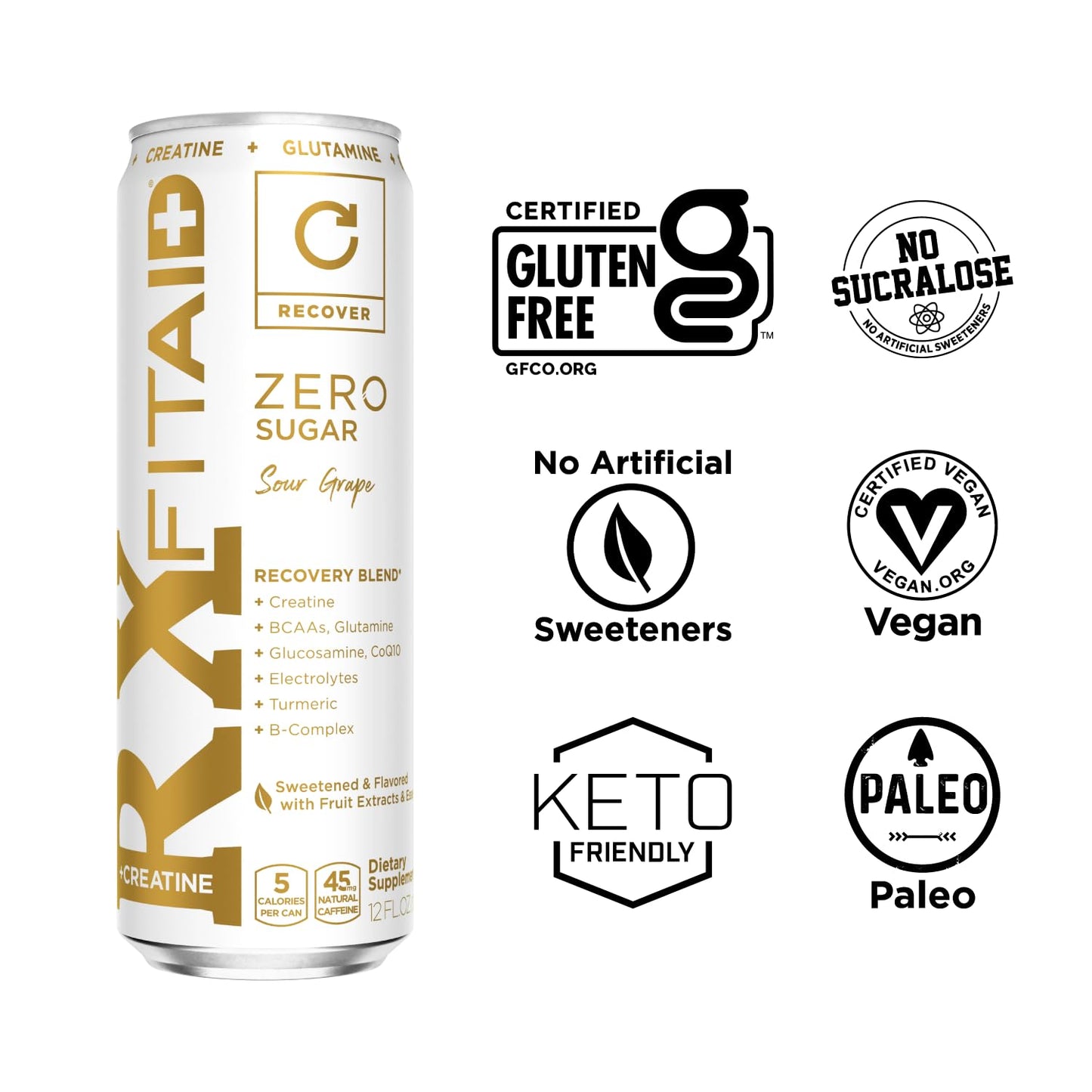FITAID RX ZERO Recovery Blend, 5 Calories, Keto-Friendly, Paleo, Vegan, Number 1 Post-Workout Recovery Drink, Creatine, BCAAs, Glucosamine, 12-oz. Cans (Pack of 4)