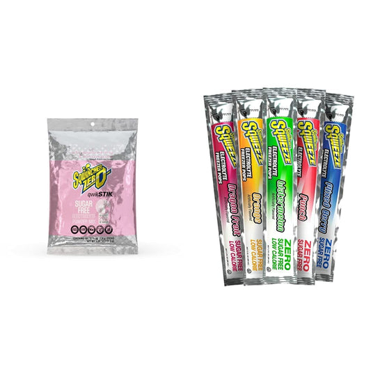 Sqwincher Zero Sugar Hydration Bundle with Strawberry Lemonade Drink Mix (Pack of 50) and Assorted Flavor Freezer Pops (50 Count)