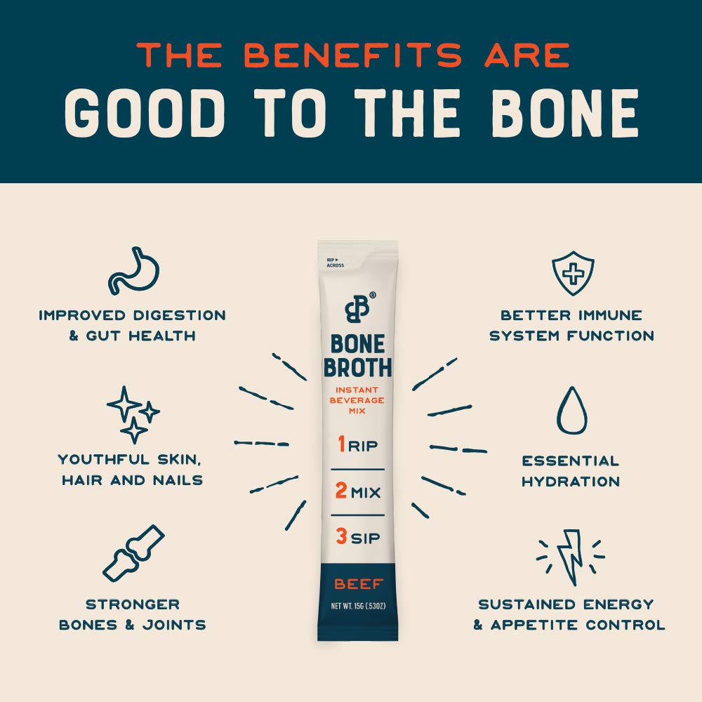 Bare Bones Beef Bone Broth Instant Powdered Mix | Rich Savory Packets on-the-Go No Artificial Flavors | 100% Grass Fed Keto & Paleo Friendly | Sticks 10g Protein | 32 Pack