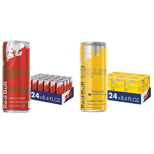 Red Bull Red and Yellow Edition Watermelon and Tropical Energy Drink Bundle, 8.4 Fl Oz, 48 Cans