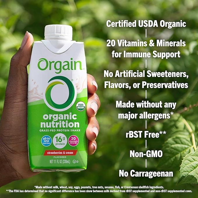 Orgain Clean Protein Shake, Grass Fed Dairy, Vanilla Bean (Pack of 12) and Orgain Organic Nutritional Protein Shake, Strawberries & Cream (Pack of 12)