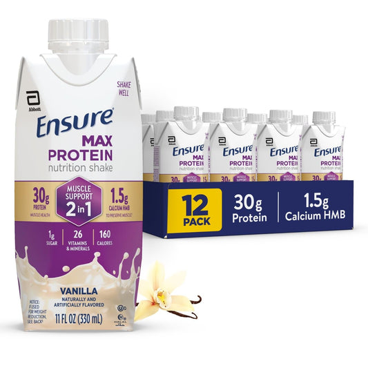 Ensure Max Protein Shake | 2-in-1 Muscle Support | 30g High Protein | HMB | 26 Vitamins & Minerals | Ready to Drink | Vanilla | 11 fl oz, 12 pack