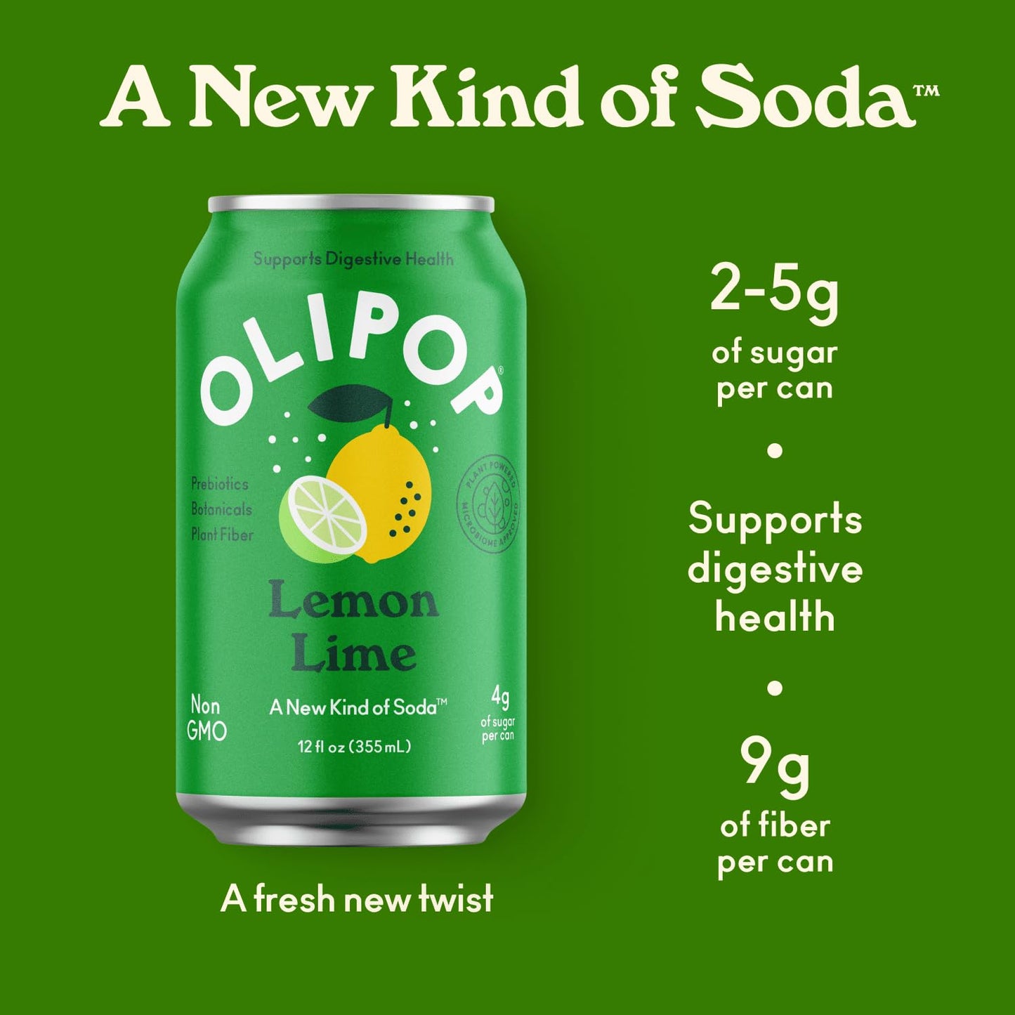 OLIPOP Prebiotic Soda Pop, Lemon Lime, Prebiotics, Botanicals, Plant Fiber, 12 fl oz