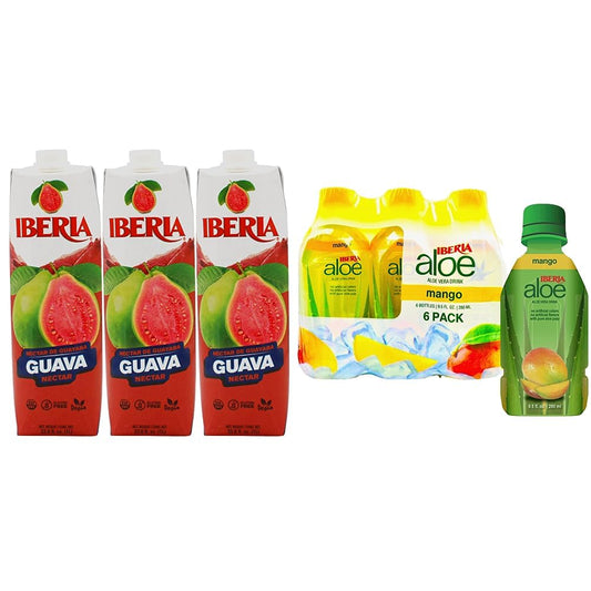 Iberia Guava Nectar 33.8 Ounce (Pack Of 3) + Iberia Aloe Vera Drink with Pulp 9.5 fl oz, Mango (Pack of 6)
