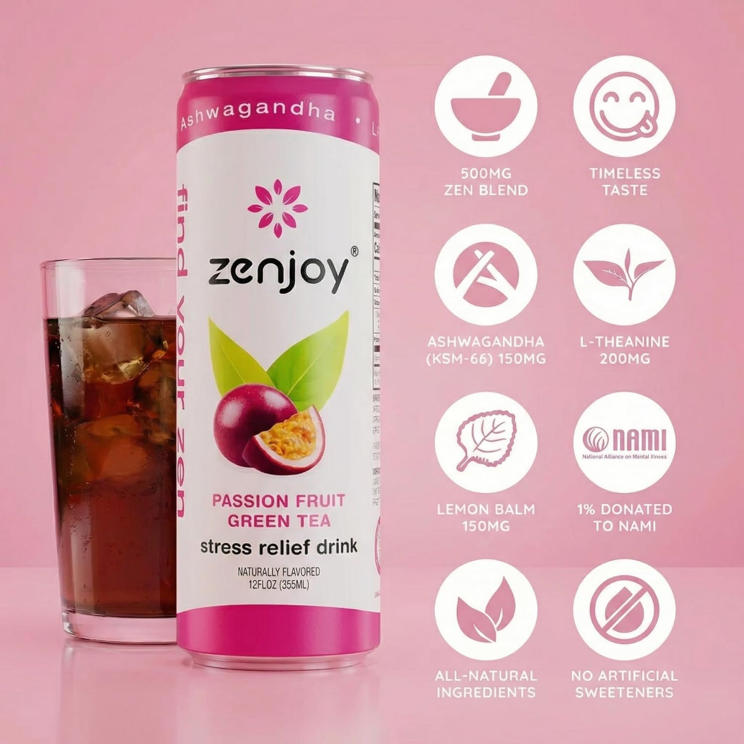 Zenjoy Stress Relief Drink, Calming Green Tea, Non Alcoholic, Ashwagandha & Lemon Balm for Stress Relief, L - Theanine for Focus (12 Pack) (Passion Fruit)