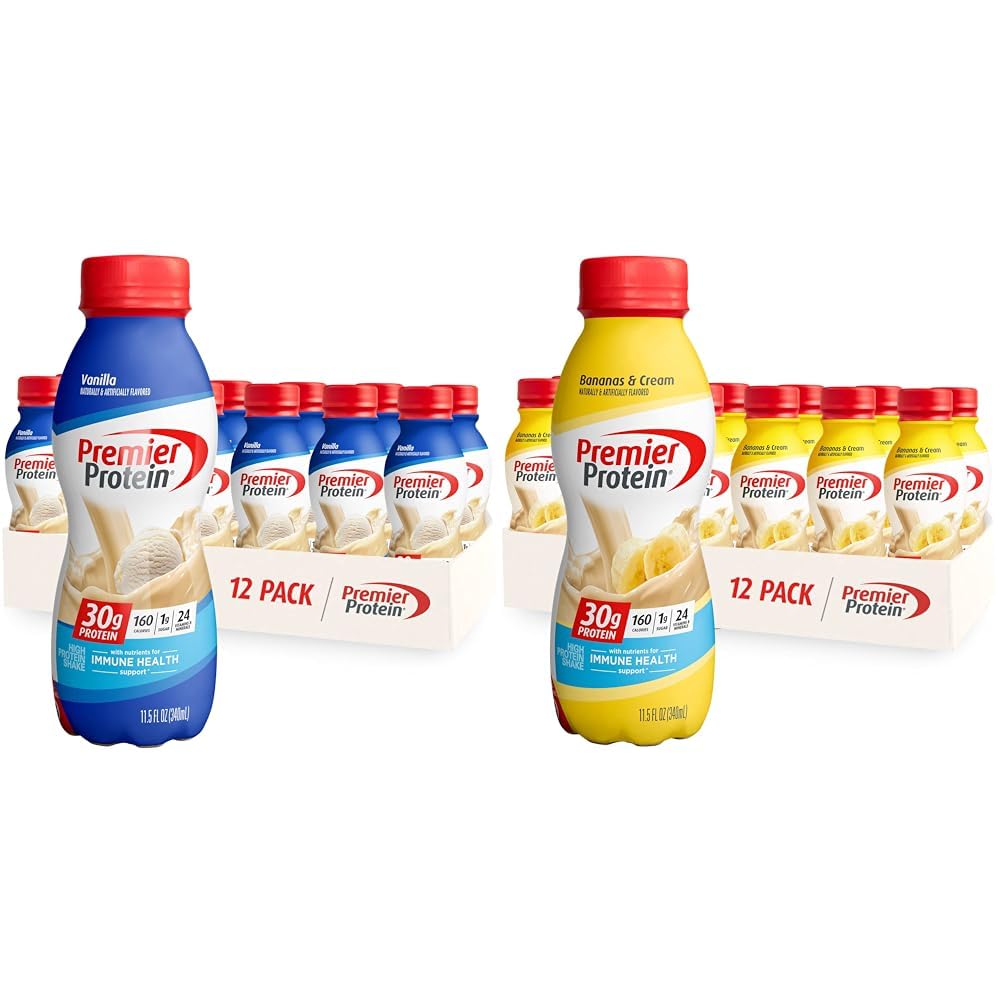 Premier Protein Shake Vanilla & Bananas & Cream, 30g Protein, 1g Sugar, 24 Vitamins & Minerals, 12 Pack Bundle