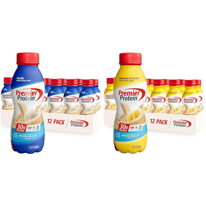Premier Protein Shake Vanilla & Bananas & Cream, 30g Protein, 1g Sugar, 24 Vitamins & Minerals, 12 Pack Bundle