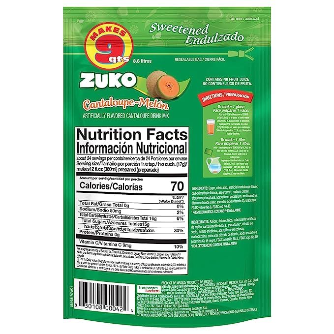Zuko Cantaloupe Powdered Drink Mix Family Pack, No Added Sugar Needed, 14.1 oz (Pack of 6)