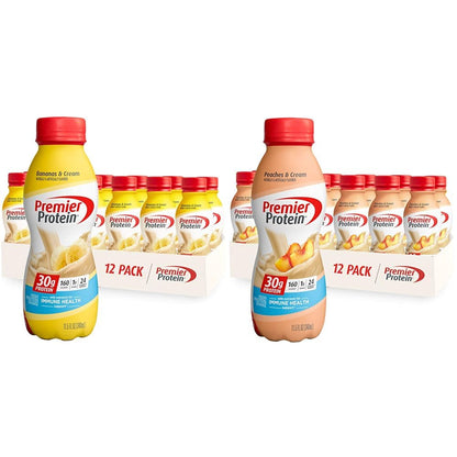 Premier Protein Shake Bananas & Cream and Peaches & Cream 30g Protein 1g Sugar 24 Vitamins Minerals Nutrients Immune Health Support 138 Fl Oz 24 Pack