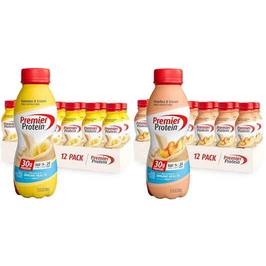 Premier Protein Shake Bananas & Cream and Peaches & Cream 30g Protein 1g Sugar 24 Vitamins Minerals Nutrients Immune Health Support 138 Fl Oz 24 Pack