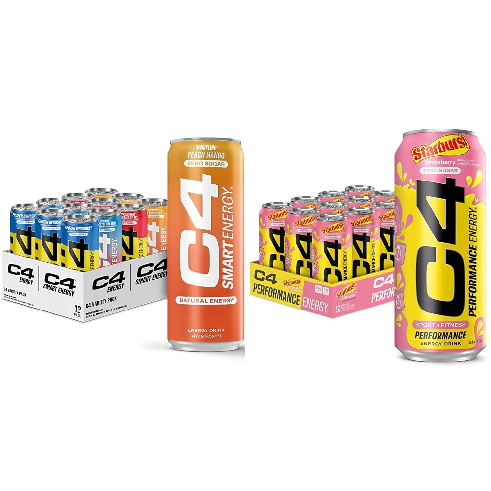 C4 Energy & Smart Energy Drinks Variety Pack, Sugar Free Pre Workout Performance Drink & C4 Energy Drink, STARBURST Strawberry, Carbonated Sugar Free Pre Workout Performance Drink