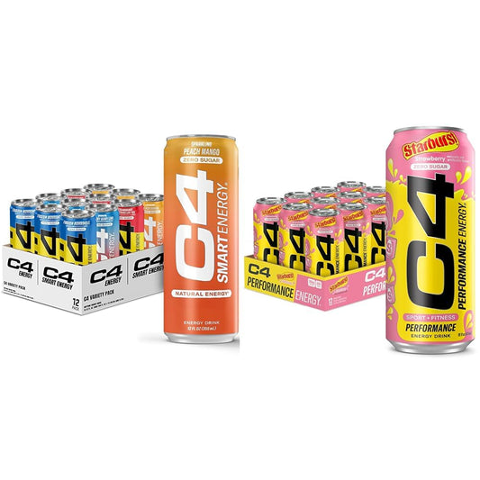 C4 Energy & Smart Energy Drinks Variety Pack, Sugar Free Pre Workout Performance Drink & C4 Energy Drink, STARBURST Strawberry, Carbonated Sugar Free Pre Workout Performance Drink