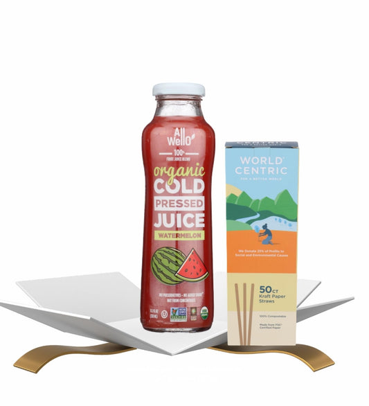 Juice CP Watermelon 11.1floz Bundle with 50pc Paper Straws — Refreshing Watermelon Juice with Convenient Sipping Straws for On-the-Go Hydration — Gift Set (2 Items)