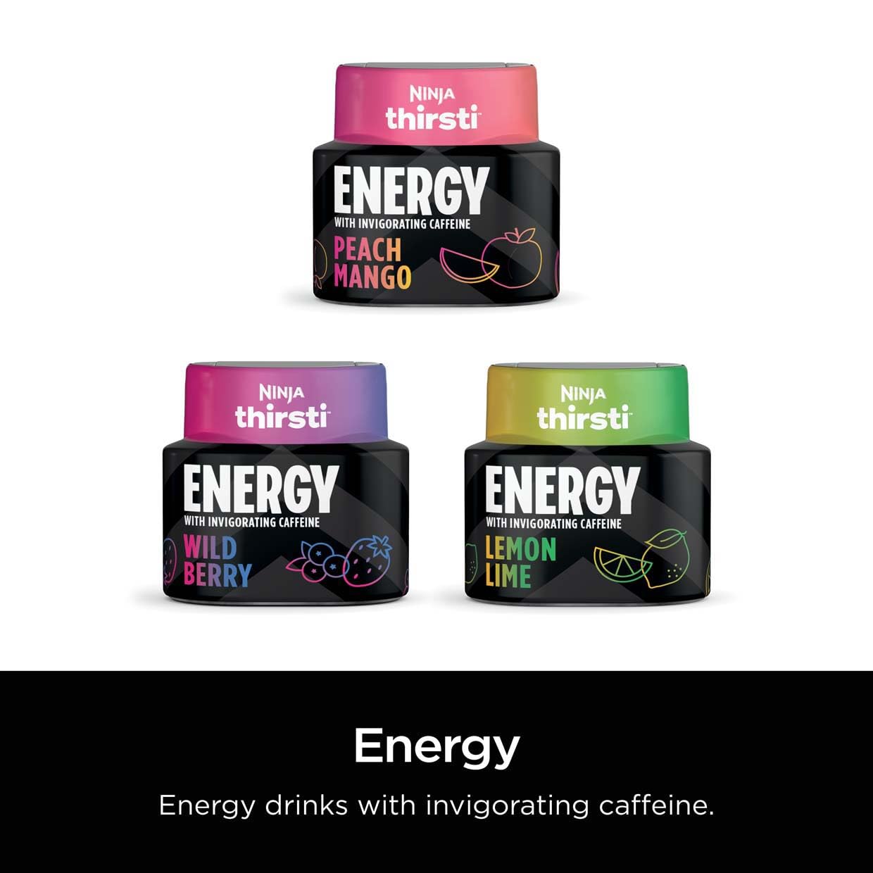 Ninja Thirsti Flavored Water Drops, FRUITI CHILL+ Peach Mango, Bold Fruit Flavor with Caffeine,Sparkling or Still, Zero Calories, Zero Sugar, Makes 17, 12oz drinks, 3 Pack, WCFPCMGAM