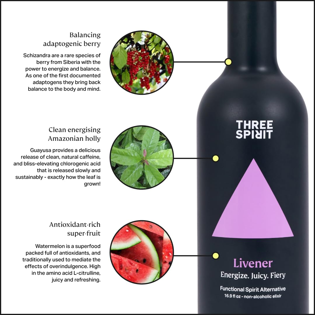 Three Spirit Non-Alcoholic Alternative Spirit- The Livener, 50cl | Energizing with Natural Caffeine, ADAPTOGENS & Watermelon & Ginger | Multi-Award Winning Active botanical, Gluten Free & Vegan Drinks