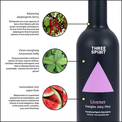 Three Spirit Non-Alcoholic Alternative Spirit- The Livener, 50cl | Energizing with Natural Caffeine, ADAPTOGENS & Watermelon & Ginger | Multi-Award Winning Active botanical, Gluten Free & Vegan Drinks