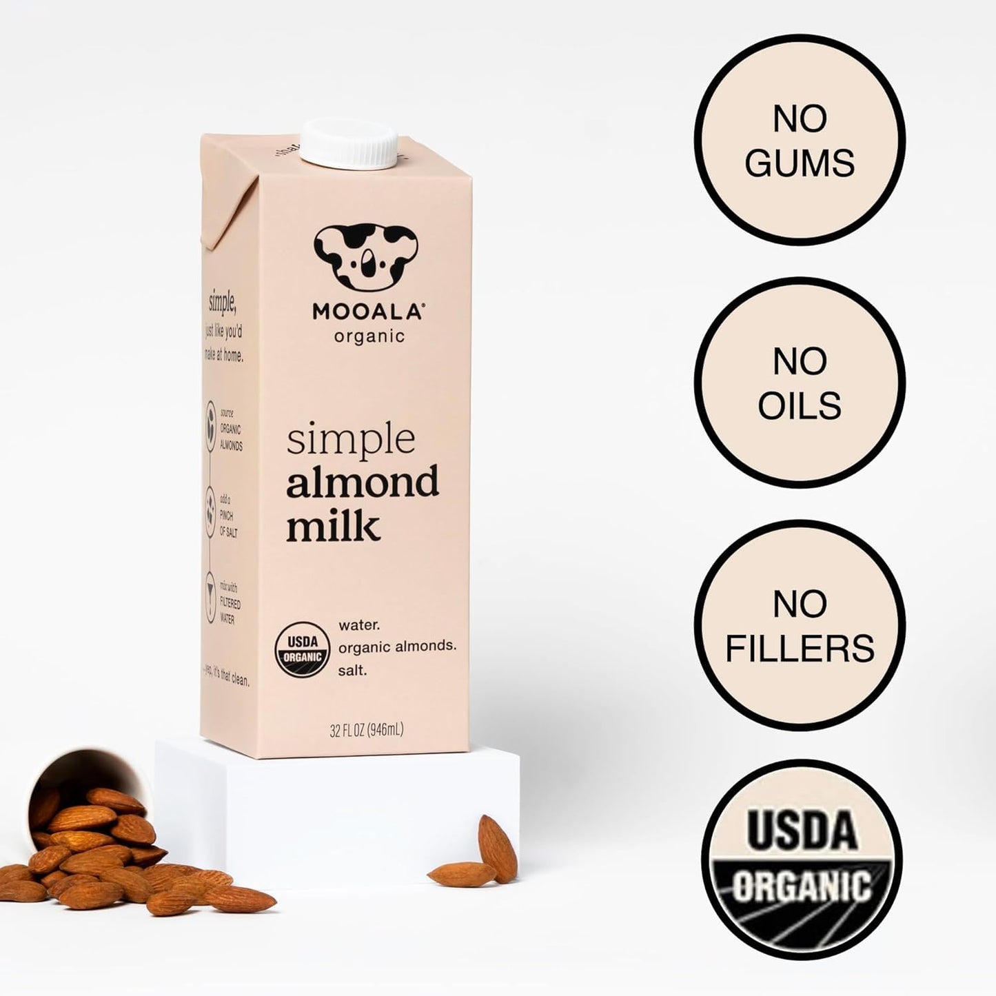 Mooala Organic Simple Almond Milk, 32oz - 3 Ingredient, Shelf Stable, No Gums, No Oils, No Fillers, Unsweetened, Non-GMO, No Additives, Dairy Free Plant Based Milk