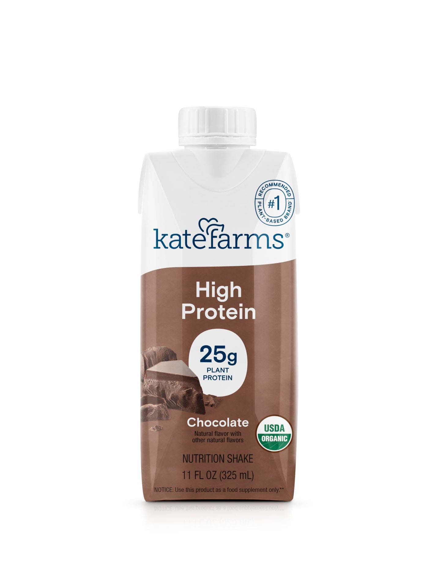 KATE FARMS Organic High Protein Chocolate Nutrition Shake, 25g Protein, 6g Fiber, 27 Vitamins and Minerals, 0g Sugar, Protein Drink, 11 oz Bottle