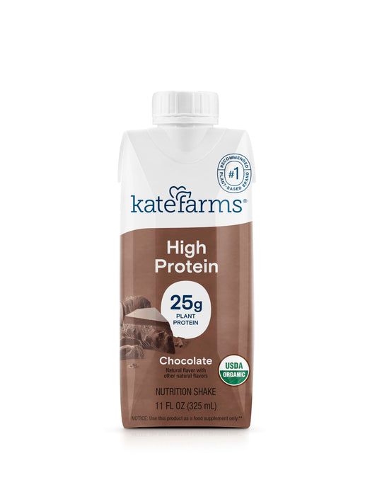 KATE FARMS Organic High Protein Chocolate Nutrition Shake, 25g Protein, 6g Fiber, 27 Vitamins and Minerals, 0g Sugar, Protein Drink, 11 oz Bottle