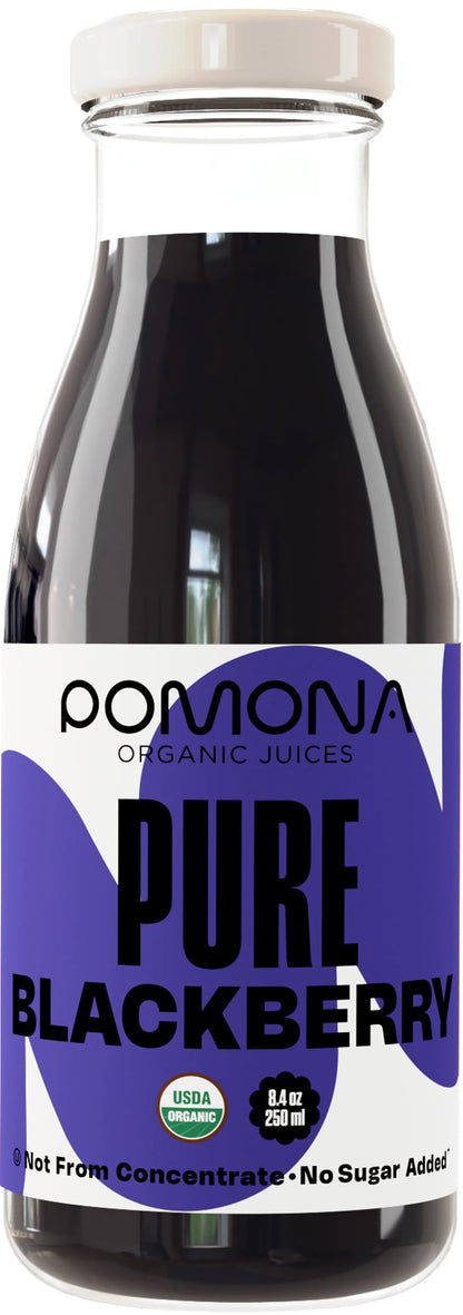 Pomona Organic Blackberry Juice (Pack Of 12), Cold Pressed USDA Organic Juices, 100% Blackberries, No Added Sugar, Not From Concentrate, Vegan, Kosher, Non GMO, Pasteurized, 8.4 Oz Glass Bottles