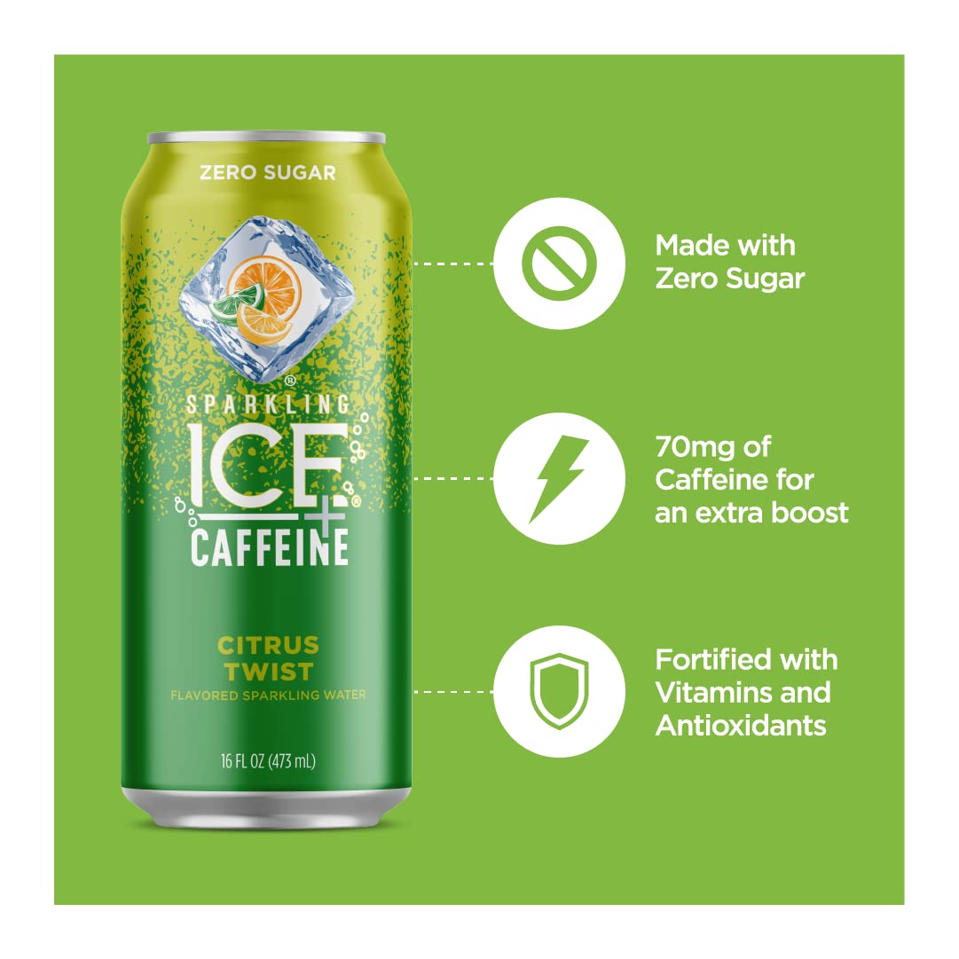 Sparkling Ice® +Caffeine, Citrus Twist Flavored Sparkling Water with Caffeine, Zero Sugar, with Vitamins and Antioxidants, Low Calorie Beverage, 16 fl oz Can (Pack of 2)