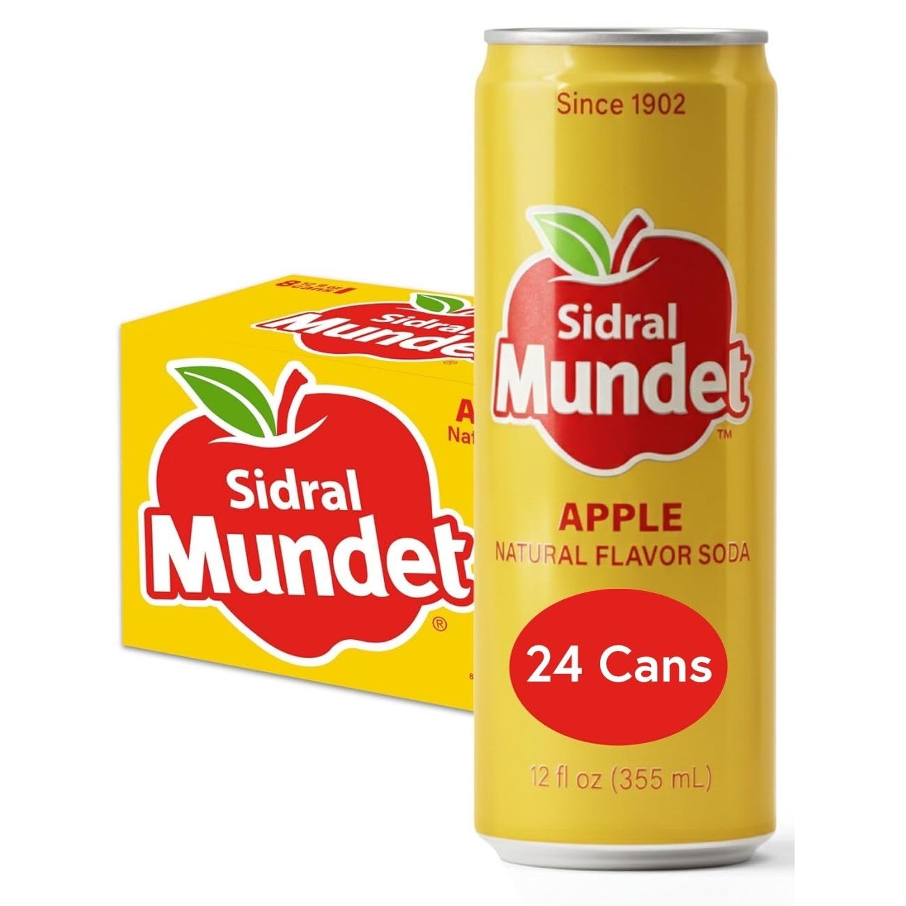 Sidral Mundet - Mexican Soda Soft Drinks, Apple (12 oz, 355ml) 24 Cans - Caffeine Free, Gluten Free - Real Cane Sugar - 0g Fat - Made in Mexico - Natural Flavor Soda Pop - Over 120 Years