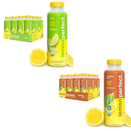 Bundle of Lemon Perfect Lime Flavored Water and Sunshine Tea Half Organic Lemon Water and Half Black Tea, Zero Sugar, Healthy Hydration Drinks - 15.2 fl oz Bottles (24-Pack)