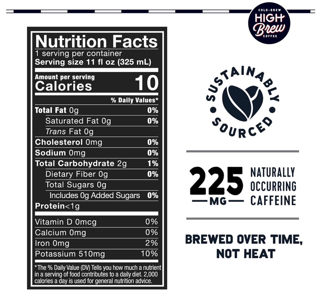 High Brew Coffee | Lightly Sweetened Cold Brew Iced Coffee with Pure Cane Sugar – 225 mg Natural Caffeine, Patiently Brewed, Never Heated. Low-Acid, Ready-to-Drink | 8 oz Can (Triple Shot Black)