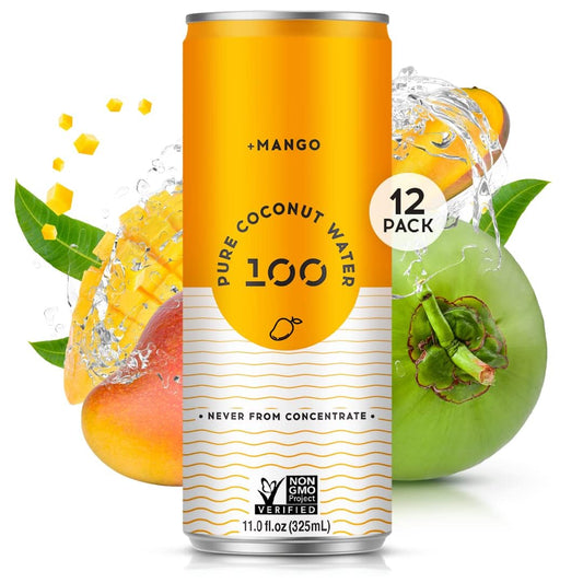 100 Coconuts Mango Flavored Pure Coconut Water, Non GMO, No Preservatives, 11 Fluid Ounces (Pack Of 12)