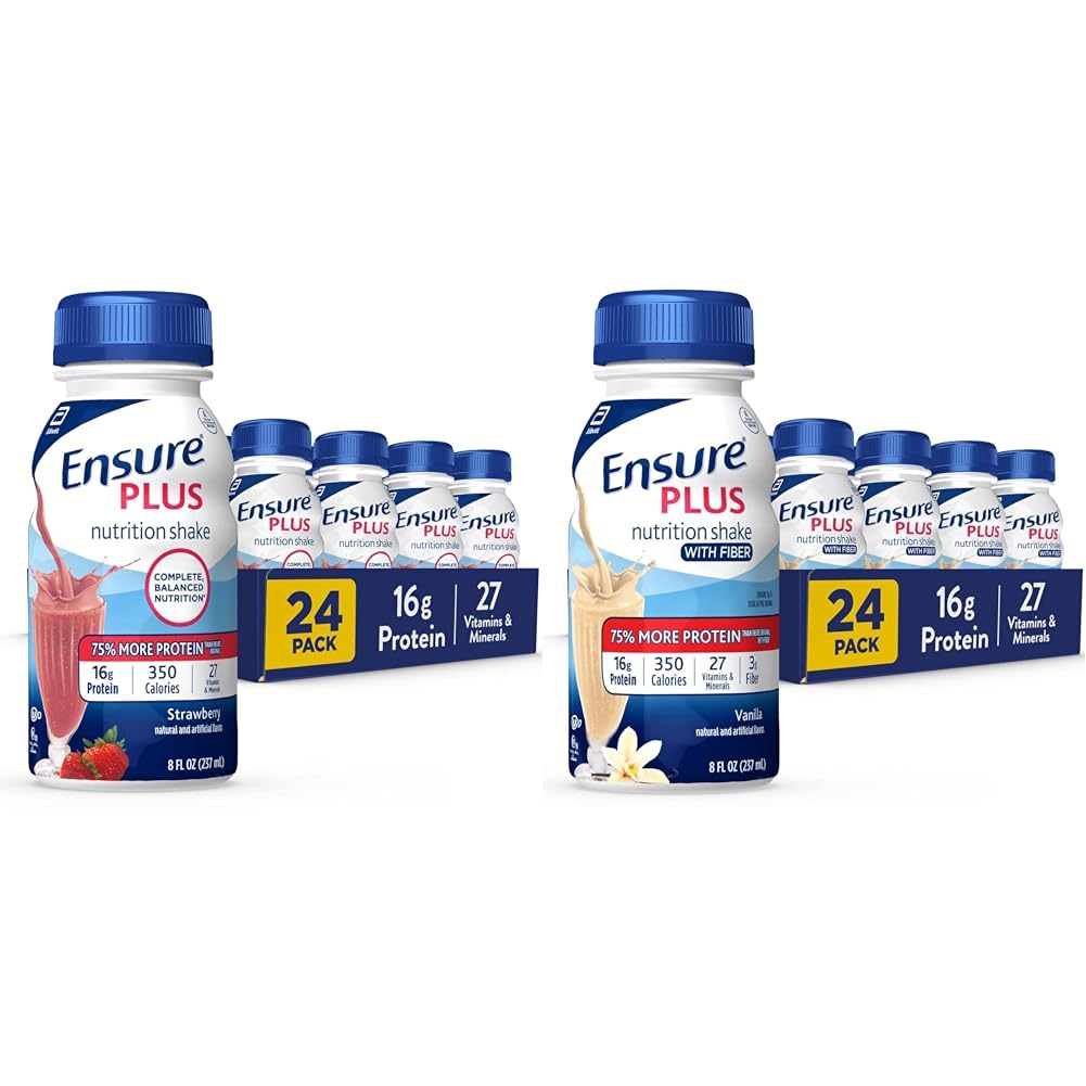 Ensure Plus Nutrition Shake with 16 grams of protein & Ensure Plus Liquid Nutrition Shake with Fiber, 16 Grams of Protein, Vanilla, 8 Fl Oz Bottle (Pack of 24)