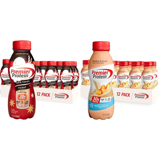 Premier Protein Shake Root Beer Float & Peaches Cream 30g Protein 1g Sugar 24 Vitamins Minerals 12 Pack Bundle
