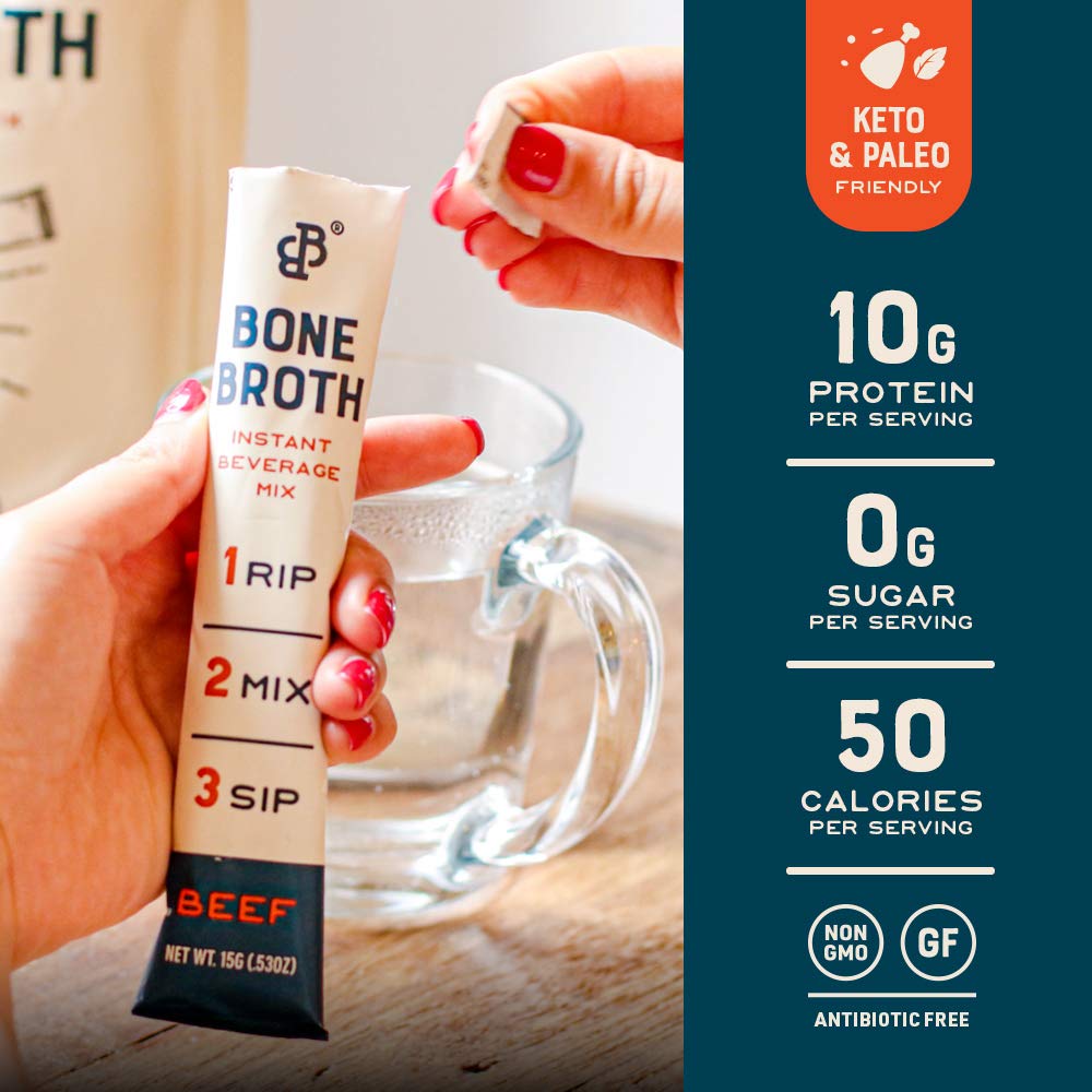 Bare Bones Beef Bone Broth Instant Powdered Mix | Rich Savory Packets on-the-Go No Artificial Flavors | 100% Grass Fed Keto & Paleo Friendly | Sticks 10g Protein | 32 Pack