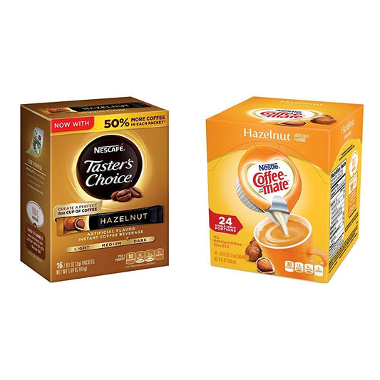 Nescafe Taster's Choice Instant Coffee Beverage, Hazelnut,16 - 0.1 oz packets(Pack of 8) with Coffee-mate Coffee Creamer Liquid Singles, Hazelnut, 24 Count (Pack of 4)