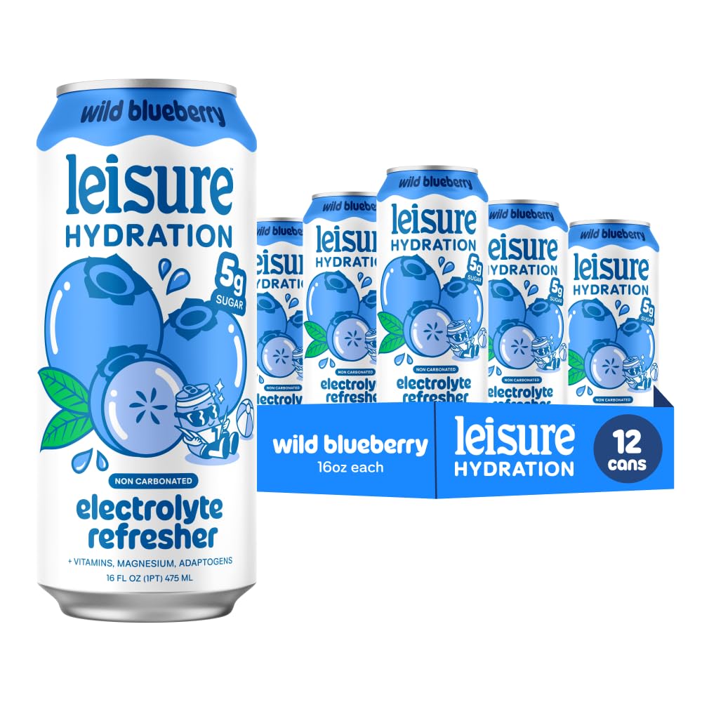 Leisure Hydration Non-Carbonated Electrolyte Refresher, Wild Blueberry Flavor - Low Sugar Nutrient Enhanced Water Beverage - Get The Best Hydration Packed w/ Magnesium & Ashwagandha For Mood & Stress Support, Non-GMO, 16 oz (12-Cans)