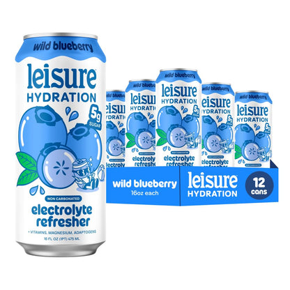 Leisure Hydration Non-Carbonated Electrolyte Refresher, Wild Blueberry Flavor - Low Sugar Nutrient Enhanced Water Beverage - Get The Best Hydration Packed w/ Magnesium & Ashwagandha For Mood & Stress Support, Non-GMO, 16 oz (12-Cans)