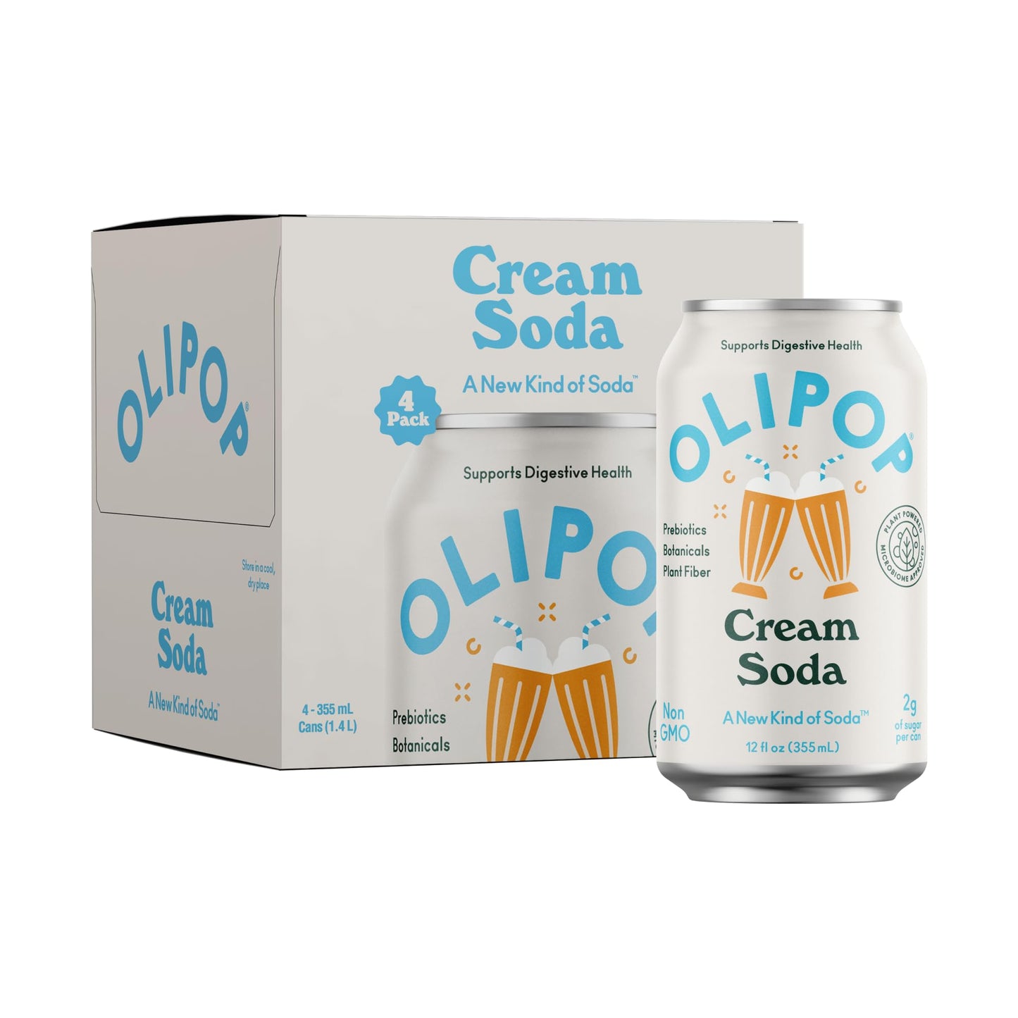 OLIPOP Prebiotic Soda Pop, Cream Soda, Prebiotics, Botanicals, Plant Fiber, 12 fl oz (4 Cans)