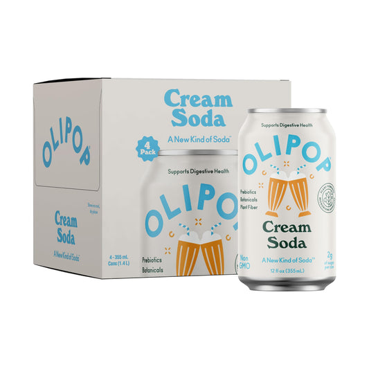 OLIPOP Prebiotic Soda Pop, Cream Soda, Prebiotics, Botanicals, Plant Fiber, 12 fl oz (4 Cans)