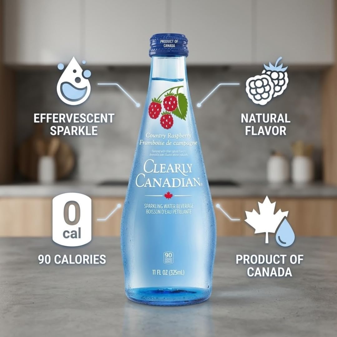 Sparkling Water Country Raspberry – (11 fl oz) Glass Bottle – Single Serve Raspberry Sparkling Water Beverage – Alternative to Seltzer and Soda – Pack of 12