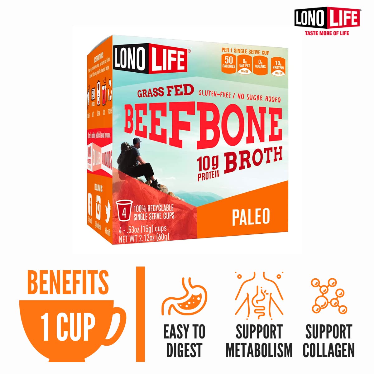 LonoLife Beef Bone Broth Powder Mix | Grass-Fed, 10g Protein | Collagen-Rich, Keto & Paleo Friendly | Natural Ingredients | 10 Single-Serve Cups