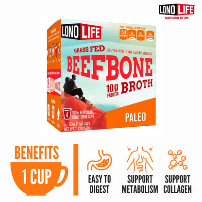 LonoLife Beef Bone Broth Powder Mix | Grass-Fed, 10g Protein | Collagen-Rich, Keto & Paleo Friendly | Natural Ingredients | 10 Single-Serve Cups