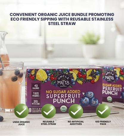 Juice Box Superfruit Punch 8Pk - 5.4FO Bundle with Reusable Straw — Ready-to-Drink Fruit Juice Gift Set (2 Items)